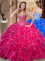 Hot Pink Ball Gowns Sweetheart Sleeveless Organza Floor Length Lace Up Beading and Ruffles 15th Birthday Dress(SKU SJQDDT899002BIZ)