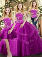 Tulle Sleeveless Floor Length Sweet 16 Dress and Beading and Ruffled Layers