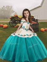 Aqua Blue Lace Up Child Pageant Dress Embroidery Sleeveless Floor Length