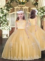 Customized Gold Sleeveless Floor Length Appliques Zipper Little Girl Pageant Gowns(SKU PAG1167BIZ)