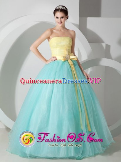 Tinley Park Illinois/IL Fabulous Baby Blue and Yellow For Strapless Quinceanea Dress Sash and Ruched Bodice Decorate - Click Image to Close