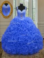 Artistic Straps Sleeveless Organza Floor Length Zipper Quinceanera Dresses in Royal Blue with Beading and Ruffles