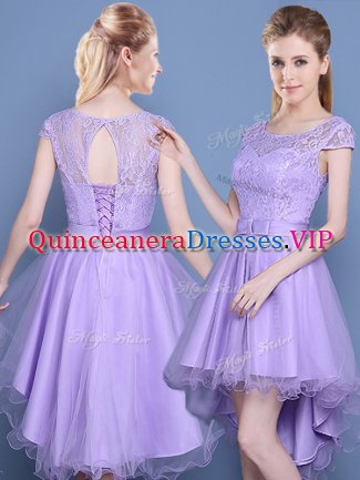 Scoop Lavender Lace Up Quinceanera Court of Honor Dress Lace Cap Sleeves High Low
