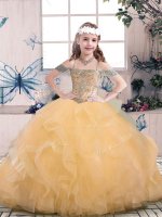 Peach Sleeveless Floor Length Beading Lace Up Pageant Dress for Teens