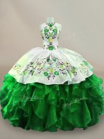 Amazing Green Organza Lace Up Sweet 16 Dress Sleeveless Floor Length Embroidery and Ruffles