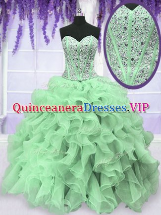 Hot Selling Apple Green Sweetheart Neckline Beading and Ruffles 15 Quinceanera Dress Sleeveless Lace Up