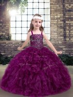 Beading and Ruffles Little Girls Pageant Dress Fuchsia Lace Up Sleeveless Floor Length