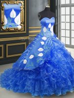 Sweetheart Sleeveless Organza Quince Ball Gowns Embroidery and Ruffles Brush Train Lace Up(SKU PSSW0166-1BIZ)