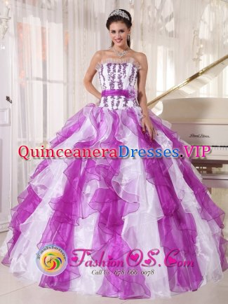 Elk Grove California Elegant Embroidery Decorate Up Bodice White and Purple Ruffles Sash With Hand Made Flower Quinceanera Dress For
