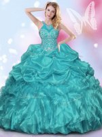 Sexy Halter Top Teal Ball Gowns Appliques and Ruffles and Pick Ups 15 Quinceanera Dress Lace Up Organza and Taffeta Sleeveless Floor Length