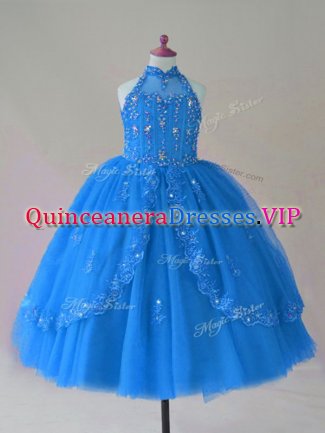 Floor Length Ball Gowns Sleeveless Blue Little Girls Pageant Gowns Lace Up