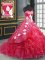 Ideal Sleeveless Organza Brush Train Lace Up 15 Quinceanera Dress in Coral Red with Embroidery and Ruffled Layers