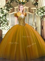 Sleeveless Tulle Floor Length Lace Up Quinceanera Dress in Brown with Beading