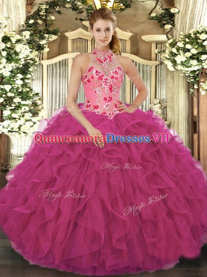 Sophisticated Hot Pink Organza Lace Up Halter Top Sleeveless Floor Length Vestidos de Quinceanera Beading and Embroidery and Ruffles - Click Image to Close