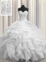 Wonderful Visible Boning White Quinceanera Dresses Military Ball and Sweet 16 and Quinceanera with Beading and Ruffles Sweetheart Sleeveless Lace Up