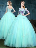 Chic Scoop Apple Green Half Sleeves Floor Length Appliques Lace Up Quinceanera Gown
