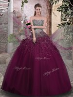 Strapless Sleeveless Lace Up Quince Ball Gowns Purple Tulle