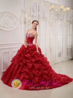 Brand New Wine Red Spaghetti Straps Quinceanera Dress For Gladbeck Beading Court Train Organza Ball Gown