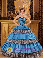 Saintfield Down Stylish Sky Blue and Leopard For Quinceanera Dress With Ruffles Layered Appliques