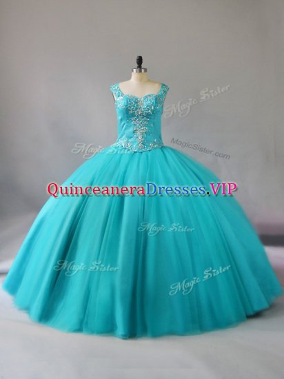 Chic Straps Sleeveless 15 Quinceanera Dress Floor Length Beading Aqua Blue Tulle - Click Image to Close