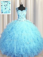 See Through Zipper Up Floor Length Zipper 15 Quinceanera Dress Baby Blue for Military Ball and Sweet 16 and Quinceanera with Beading and Ruffles