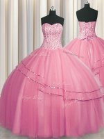 Sumptuous Visible Boning Big Puffy Sweetheart Sleeveless Lace Up Quince Ball Gowns Rose Pink Tulle