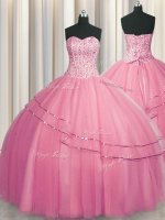 Sumptuous Visible Boning Big Puffy Sweetheart Sleeveless Lace Up Quince Ball Gowns Rose Pink Tulle(SKU PSSW0421-6BIZ)