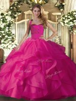 Affordable Hot Pink Tulle Lace Up Quinceanera Court Dresses Sleeveless Floor Length Ruffles