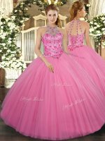 Vintage Floor Length Rose Pink Quinceanera Gowns Tulle Sleeveless Beading(SKU SJQDDT1283002BIZ)