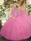 Vintage Floor Length Rose Pink Quinceanera Gowns Tulle Sleeveless Beading