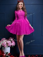 Traditional Fuchsia Lace Up Quinceanera Dama Dress Beading and Lace and Appliques 3 4 Length Sleeve Mini Length