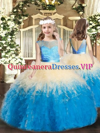 Latest Sleeveless Lace Floor Length Backless Little Girls Pageant Dress Wholesale in Multi-color with Lace and Ruffles