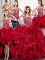 Flirting Four Piece Red Sweetheart Neckline Beading and Ruffles Sweet 16 Dresses Sleeveless Lace Up