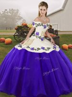 Floor Length White And Purple Quince Ball Gowns Off The Shoulder Sleeveless Lace Up