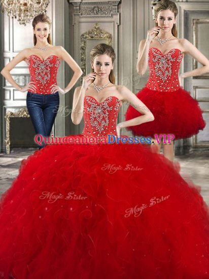 Three Piece Sleeveless Beading and Ruffles Lace Up Quince Ball Gowns - Click Image to Close