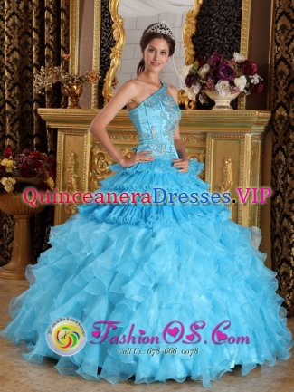 One Shoulder Aque Blue Ruffles Luxurious Quinceanera Dresses With Beaded Decorate Bust For Graduation In Elmsford New York/NY