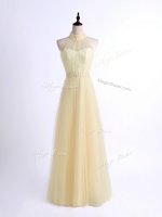 Sleeveless Floor Length Lace and Appliques Lace Up Quinceanera Court Dresses with Light Yellow