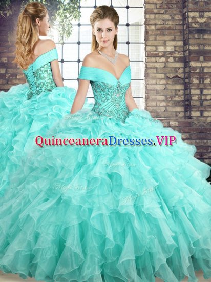 Aqua Blue Quinceanera Gown Organza Brush Train Sleeveless Beading and Ruffles - Click Image to Close