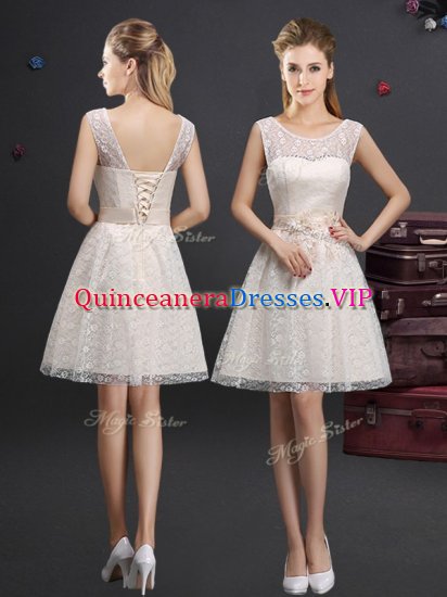 Custom Fit Scoop Knee Length Lace Up Quinceanera Dama Dress Champagne for Prom and Party and Wedding Party with Lace and Appliques - Click Image to Close