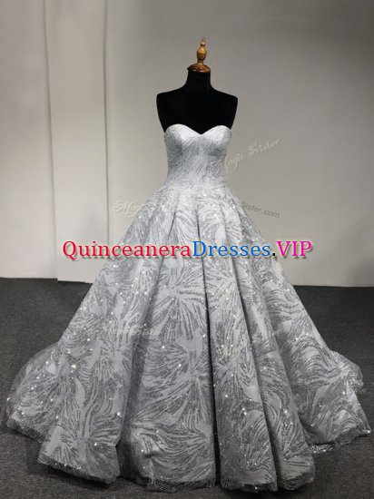 Latest Sequins Sweet 16 Dress Silver Lace Up Sleeveless Floor Length - Click Image to Close