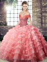 Captivating Watermelon Red Organza Lace Up Off The Shoulder Sleeveless Vestidos de Quinceanera Brush Train Beading and Ruffled Layers