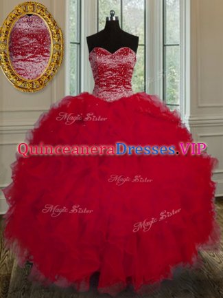 Glamorous Red Sweetheart Neckline Beading and Ruffles Quinceanera Gown Sleeveless Lace Up