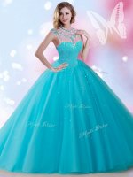 Attractive High-neck Sleeveless Sweet 16 Dress Floor Length Beading and Sequins Aqua Blue Tulle(SKU SJQDDT850002-3BIZ)