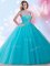 Attractive High-neck Sleeveless Sweet 16 Dress Floor Length Beading and Sequins Aqua Blue Tulle