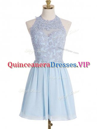 Knee Length Lace Up Dama Dress for Quinceanera Light Blue for Prom and Party and Wedding Party with Appliques
