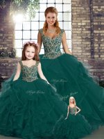 Most Popular Tulle Straps Sleeveless Lace Up Beading and Ruffles Quinceanera Gowns in Peacock Green