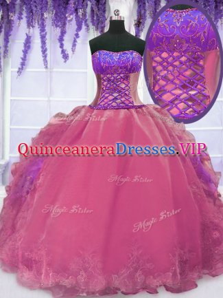 Traditional Hot Pink Strapless Lace Up Embroidery and Ruffles Sweet 16 Quinceanera Dress Sleeveless