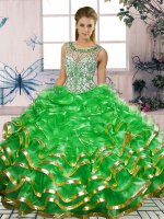 Fitting Green Sleeveless Floor Length Beading and Ruffles Lace Up 15th Birthday Dress