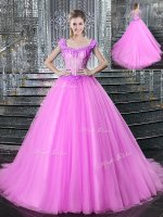 Fantastic Straps With Train Lace Up Vestidos de Quinceanera Fuchsia for Military Ball and Sweet 16 and Quinceanera with Beading and Appliques Brush Train(SKU YCQD0167-3BIZ)