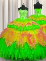 Custom Designed Bling-bling Visible Boning Multi-color Sweetheart Lace Up Beading and Ruffles and Ruffled Layers and Sequins Quinceanera Gown Sleeveless